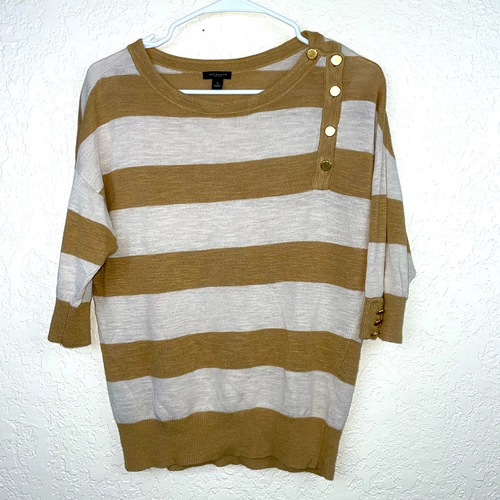 Ann Taylor Striped Scoop-Neck Sweater in Camel and Cream